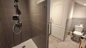 Un baño moderno con ducha, inodoro y una puerta que da a otra habitación.