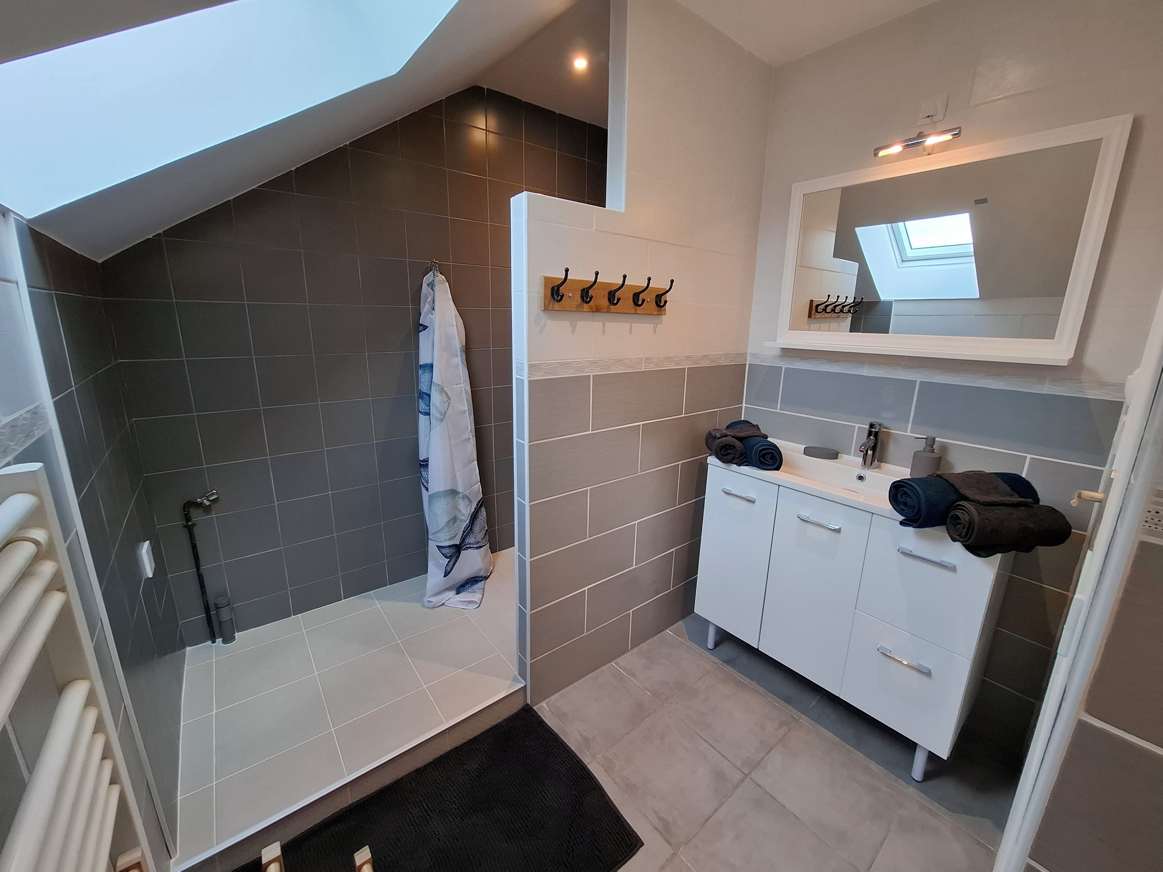 Un bagno moderno con doccia, un mobile lavabo con specchio e un portascopevoli.