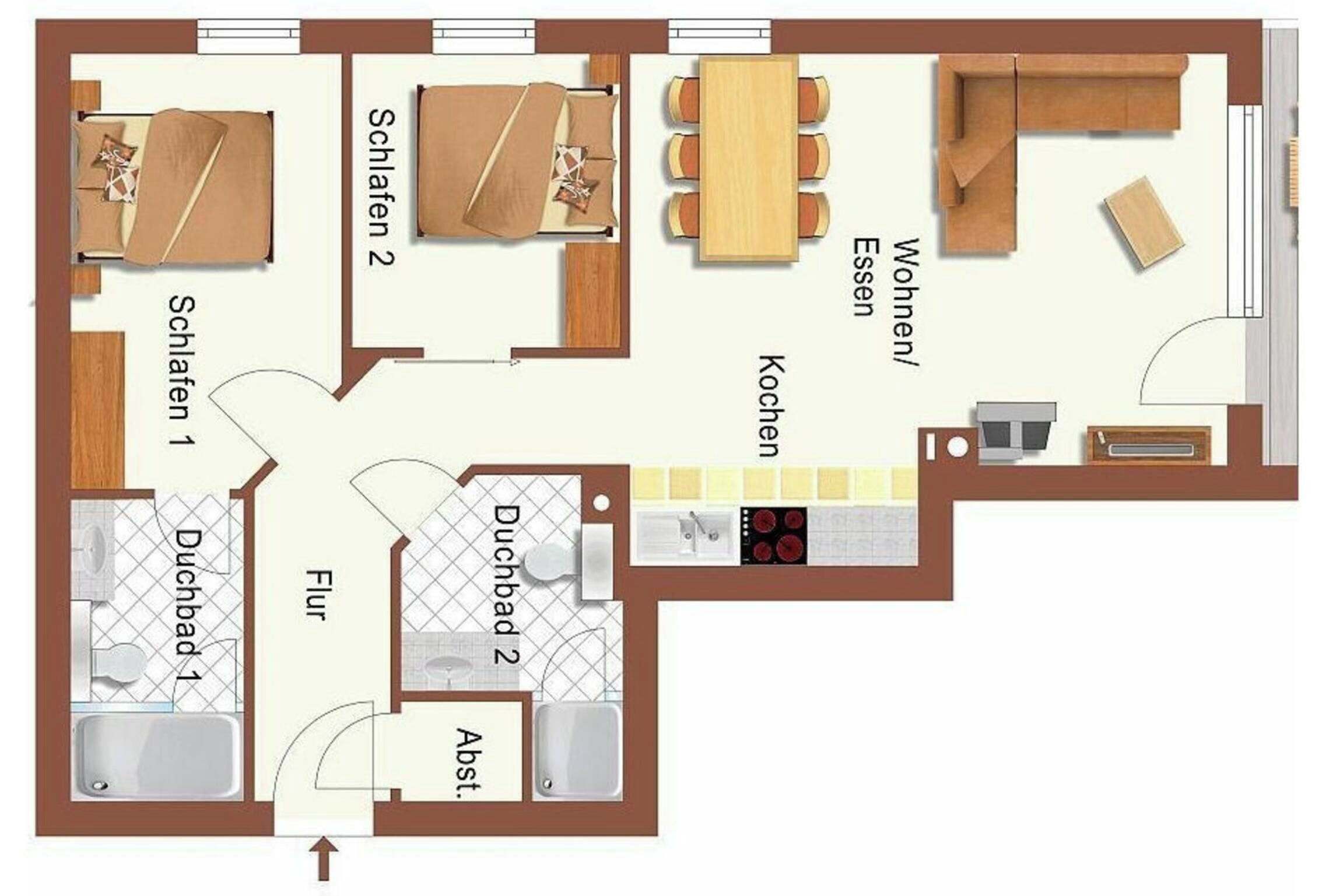 Ein Grundriss mit zwei Schlafzimmern, einem Wohnzimmer, einer Küche und einem Badezimmer.