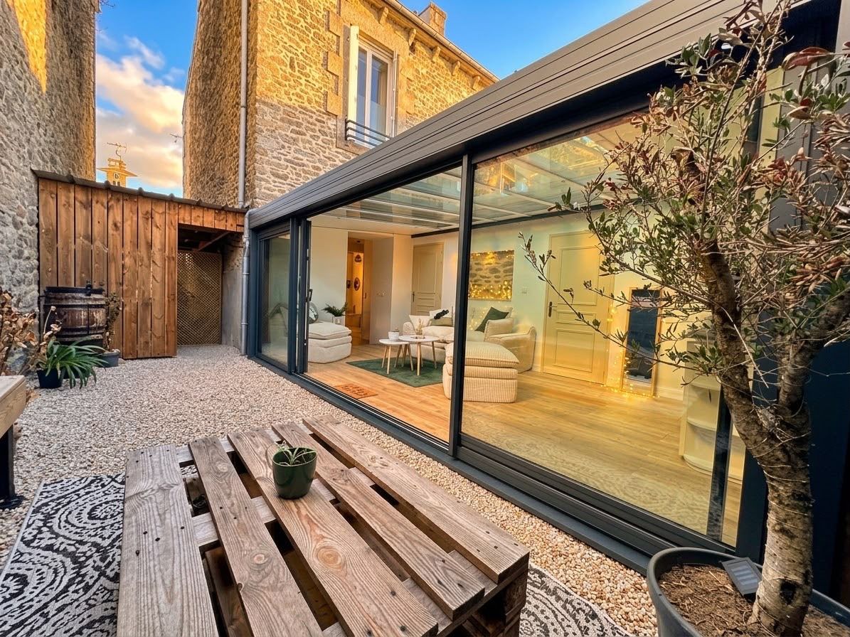 A modern house with a glass-enclosed patio, wooden furniture, and a potted plant.