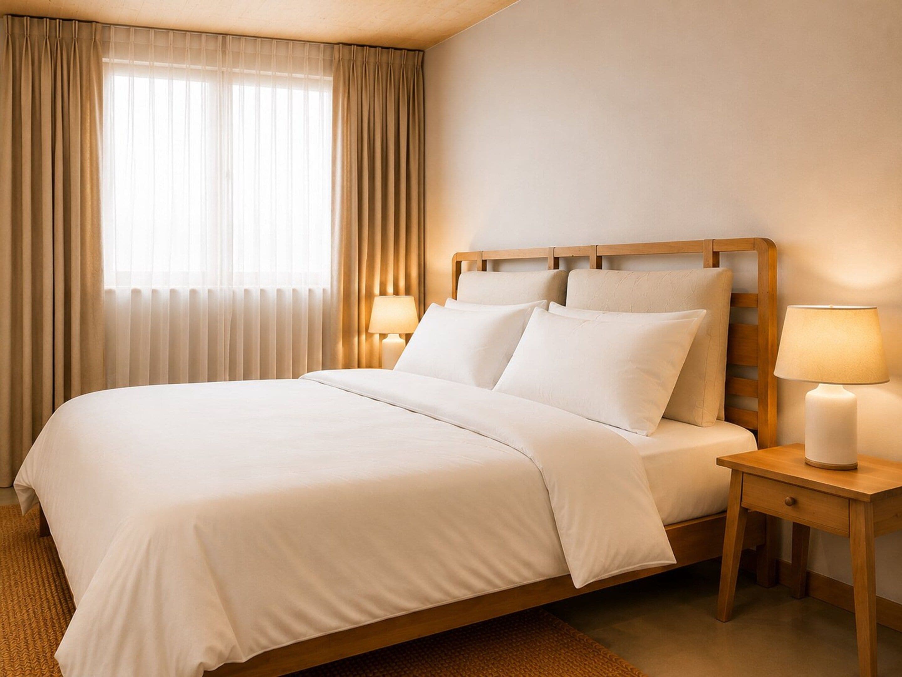 Een hotelkamer met een groot bed, twee nachtkastjes met lampen, een raam met gordijnen en een houten hoofdeinde.