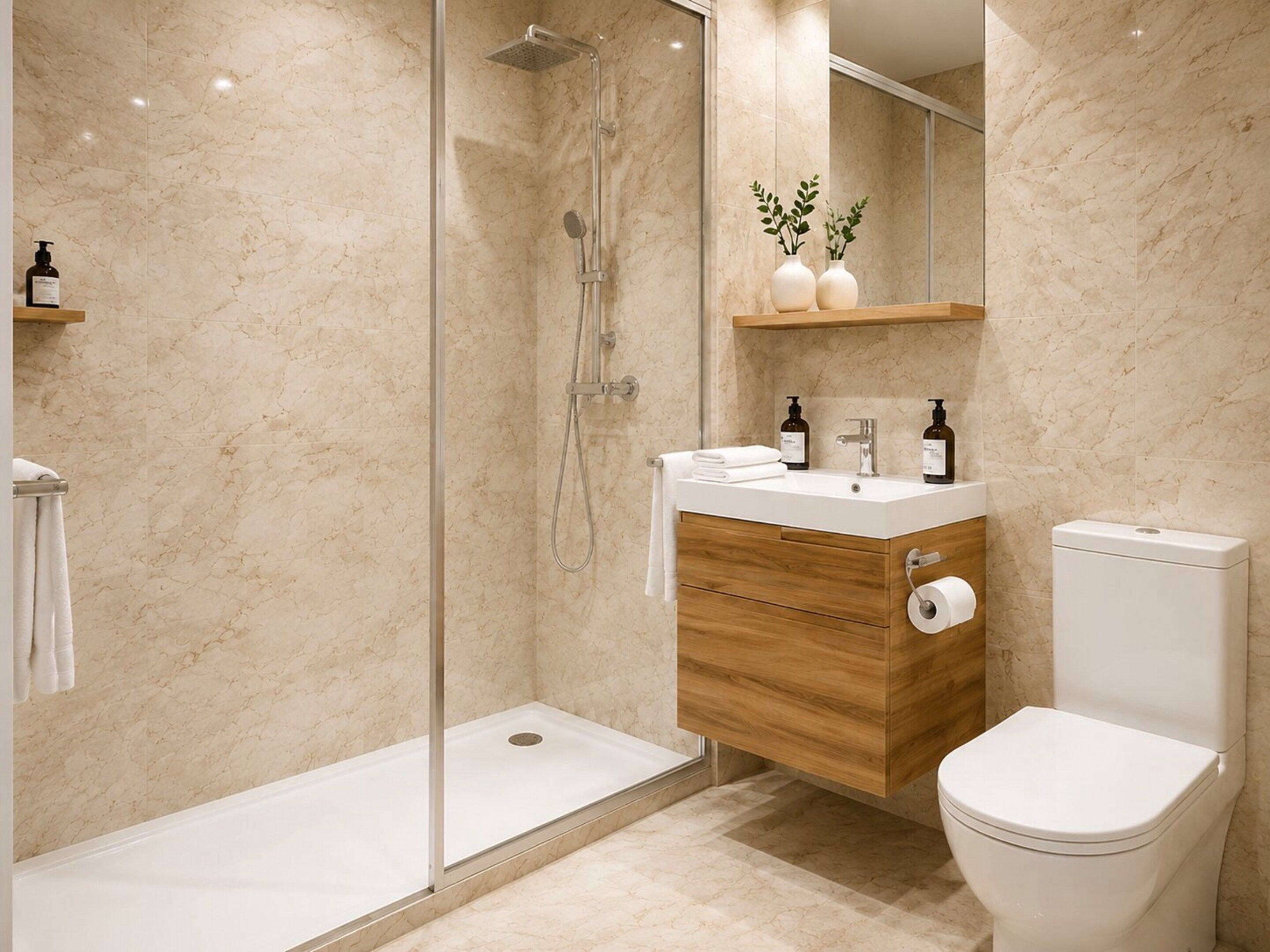 Une salle de bain moderne avec une douche à parois de verre, un meuble-lavabo en bois et des toilettes.
