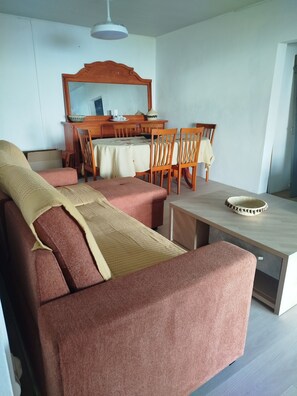 Een kamer met een bank, een eettafel en stoelen. Er is een houten kast en een plafondlamp.