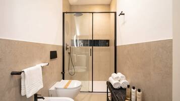 Dusche, Handtücher, Shampoo, Toilettenpapier