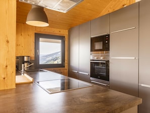 Eine moderne Küche mit einer großen Kochinsel, eingebauten Backöfen und Blick ins Freie.