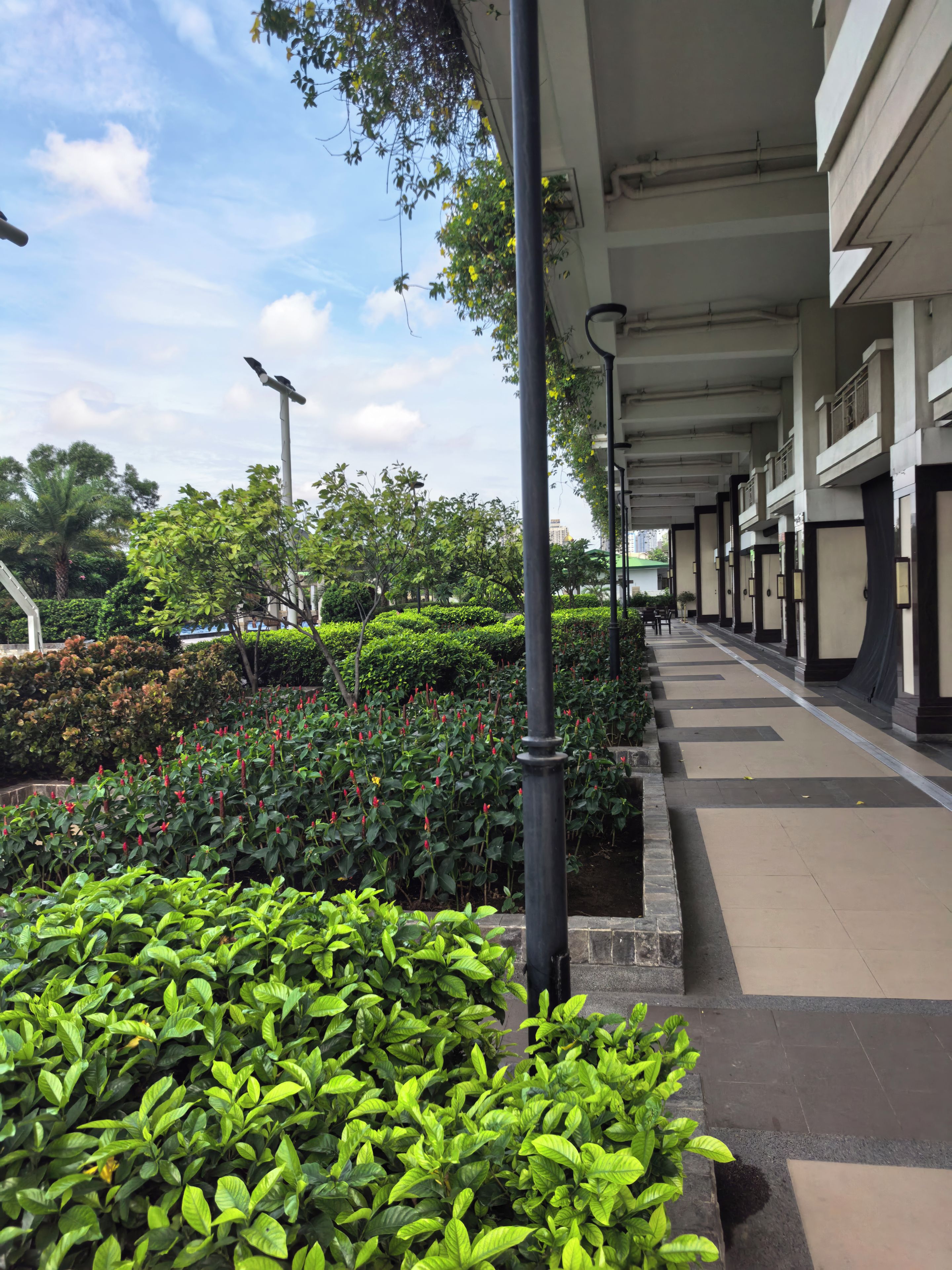 A covered walkway with a tiled floor, surrounded by lush greenery and a clear sky.