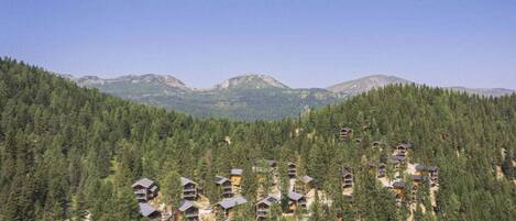 Eine bewaldete Berglandschaft mit mehreren Hütten.