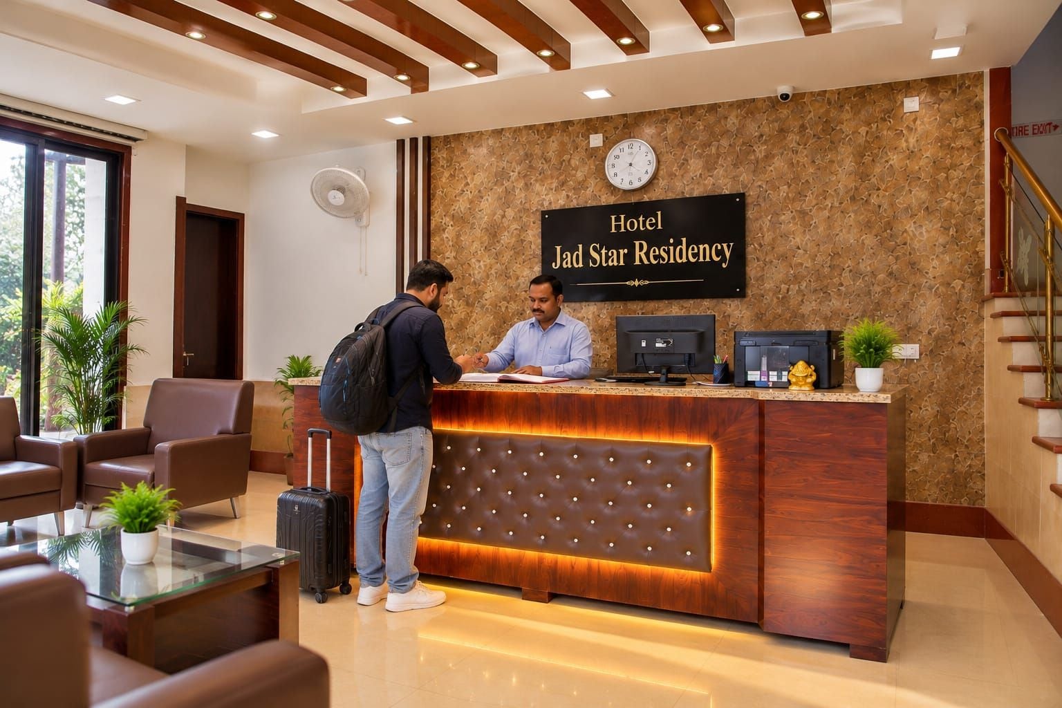 A hotel reception desk with a sign reading 'Hotel Jad Star Residency,' a reception area with seating, and a clock on the wall.