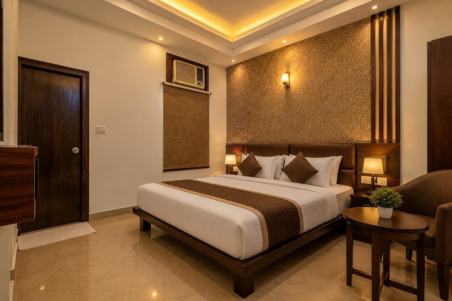 A hotel room with a large bed, bedside lamps, a small table with a plant, and a wall-mounted air conditioning unit.