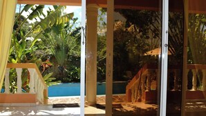 A covered outdoor area with a pool, palm trees, and a wooden structure.