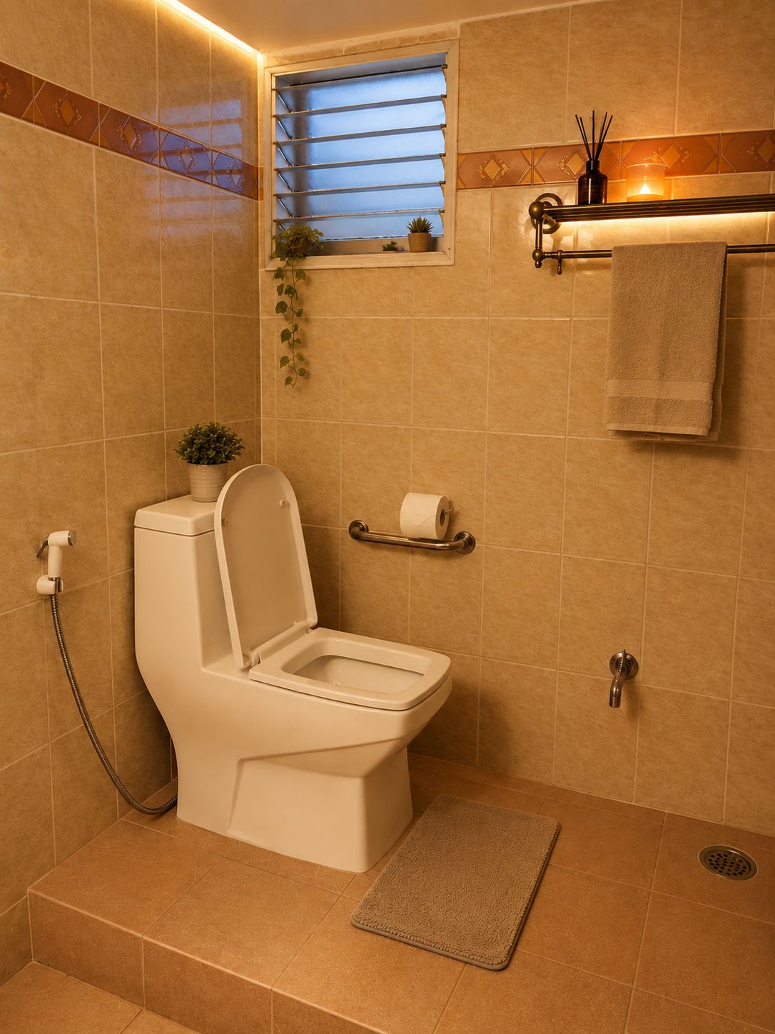 A modern bathroom with a toilet, a shower, and a window with blinds.