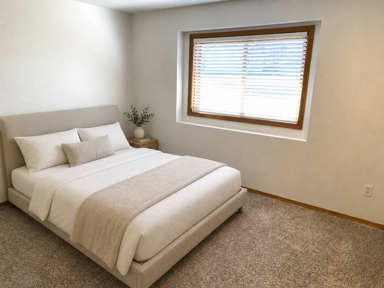 Un dormitorio con cama, mesita de noche, ventana con persianas y suelo alfombrado.