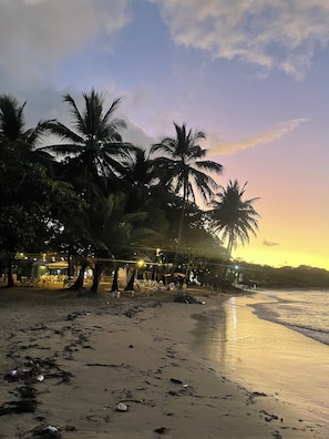 Ein Strand mit Palmen und einem Gebäude mit Außenbestuhlung.