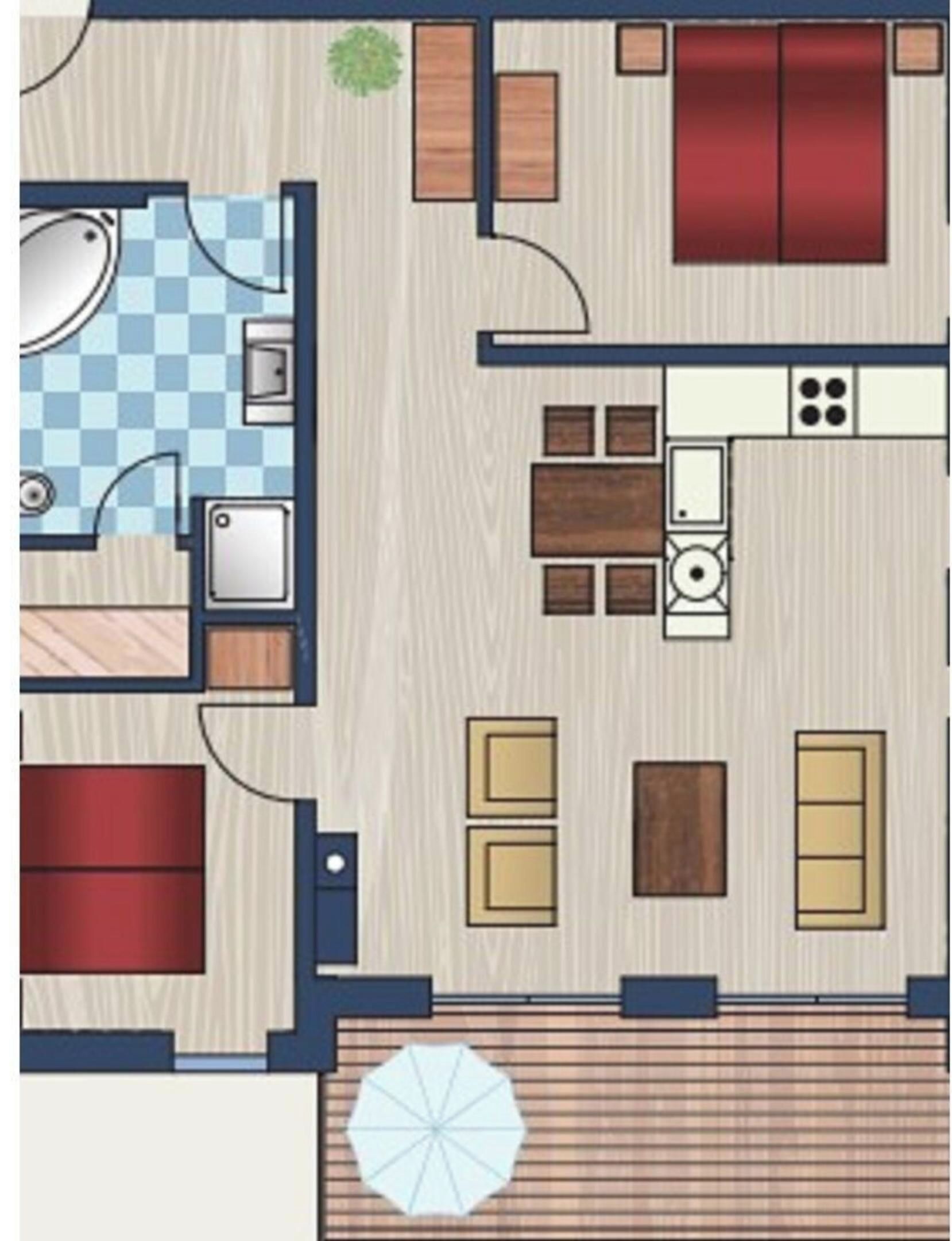 Ein Grundriss eines Hotelzimmers mit einem Bett, einem Badezimmer, einer Küchenzeile und einer Sitzecke mit Tisch und Stühlen.