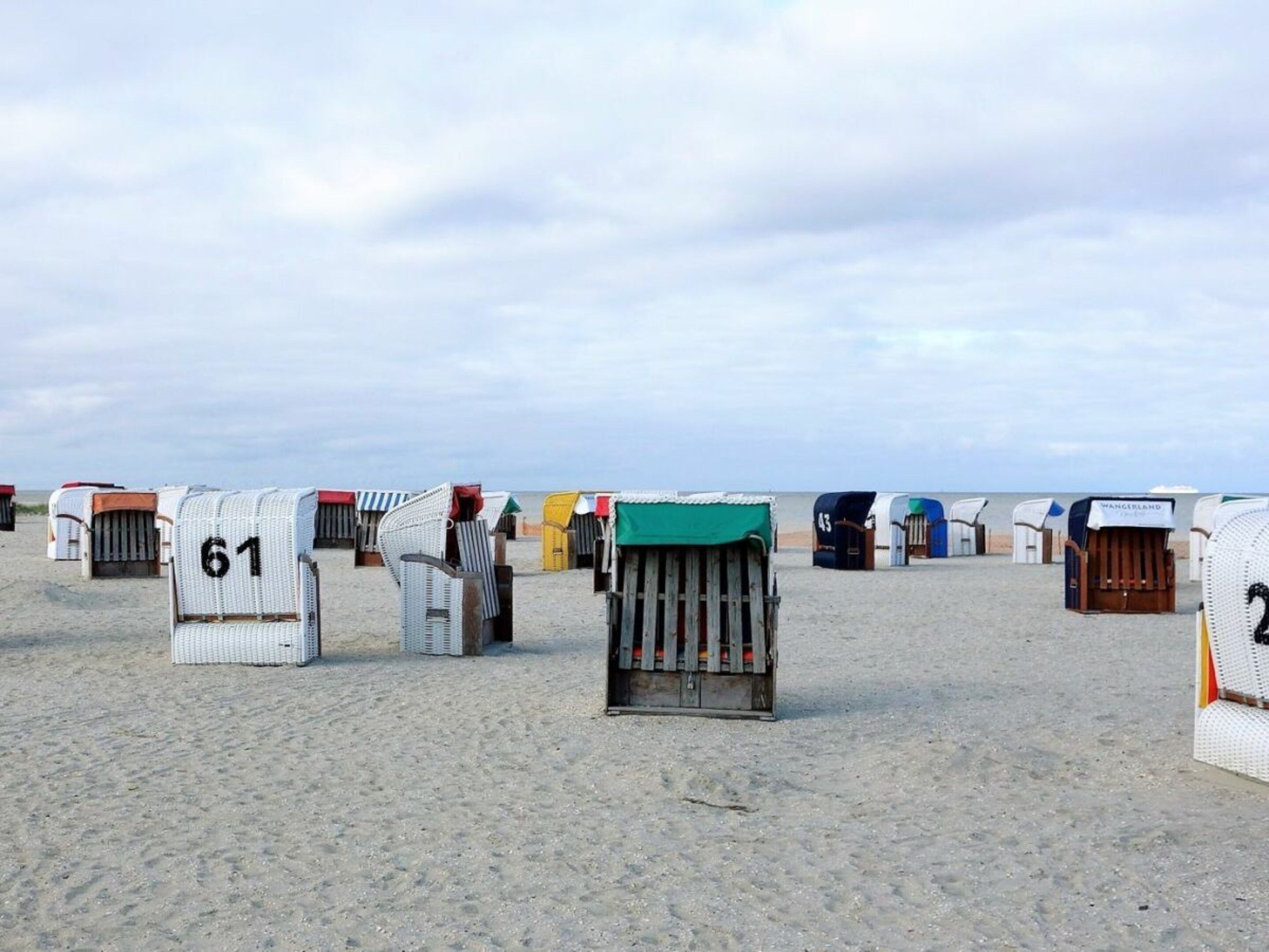 Beach huts numbered 61 and 43, arranged in rows on a sandy beach.