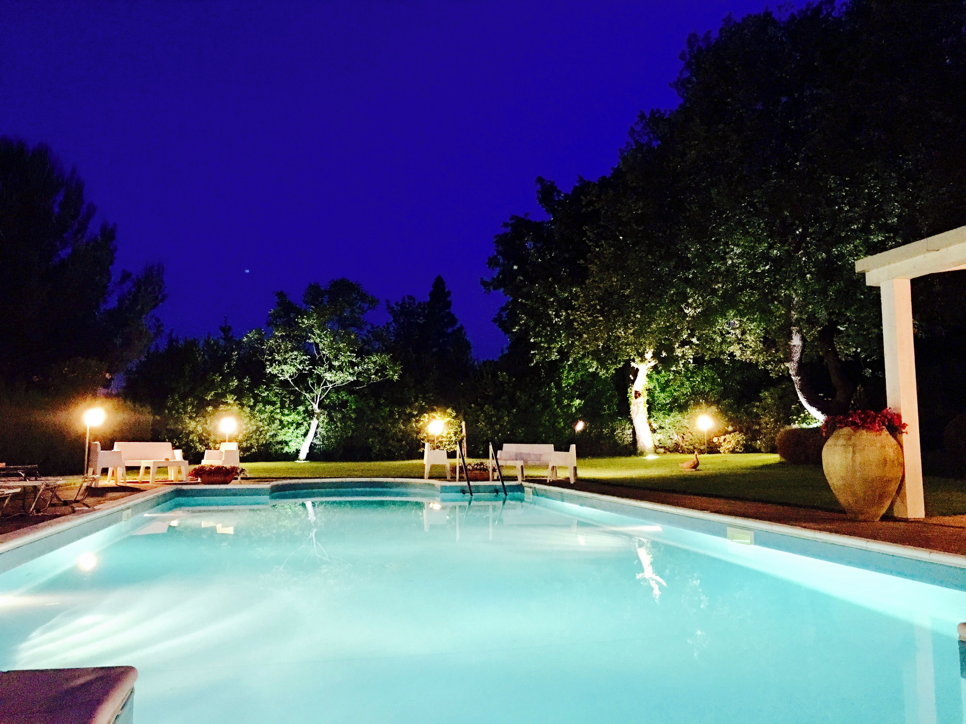 Piscina exterior con sillas de descanso y zona de estar cubierta, rodeada de árboles e iluminada con luces ambientales.
