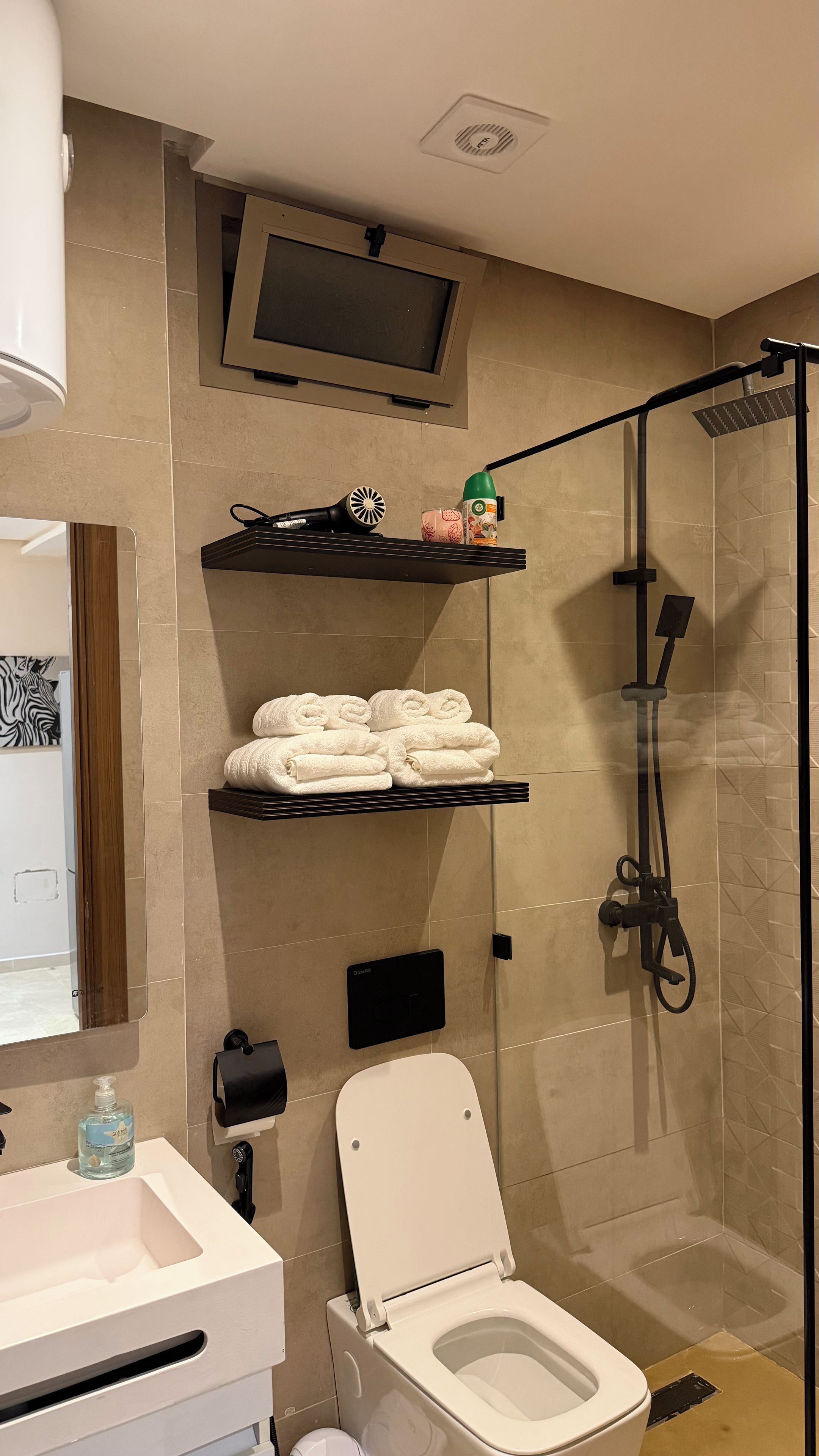 A modern bathroom with a toilet, a shower, a sink, and a mirror.
