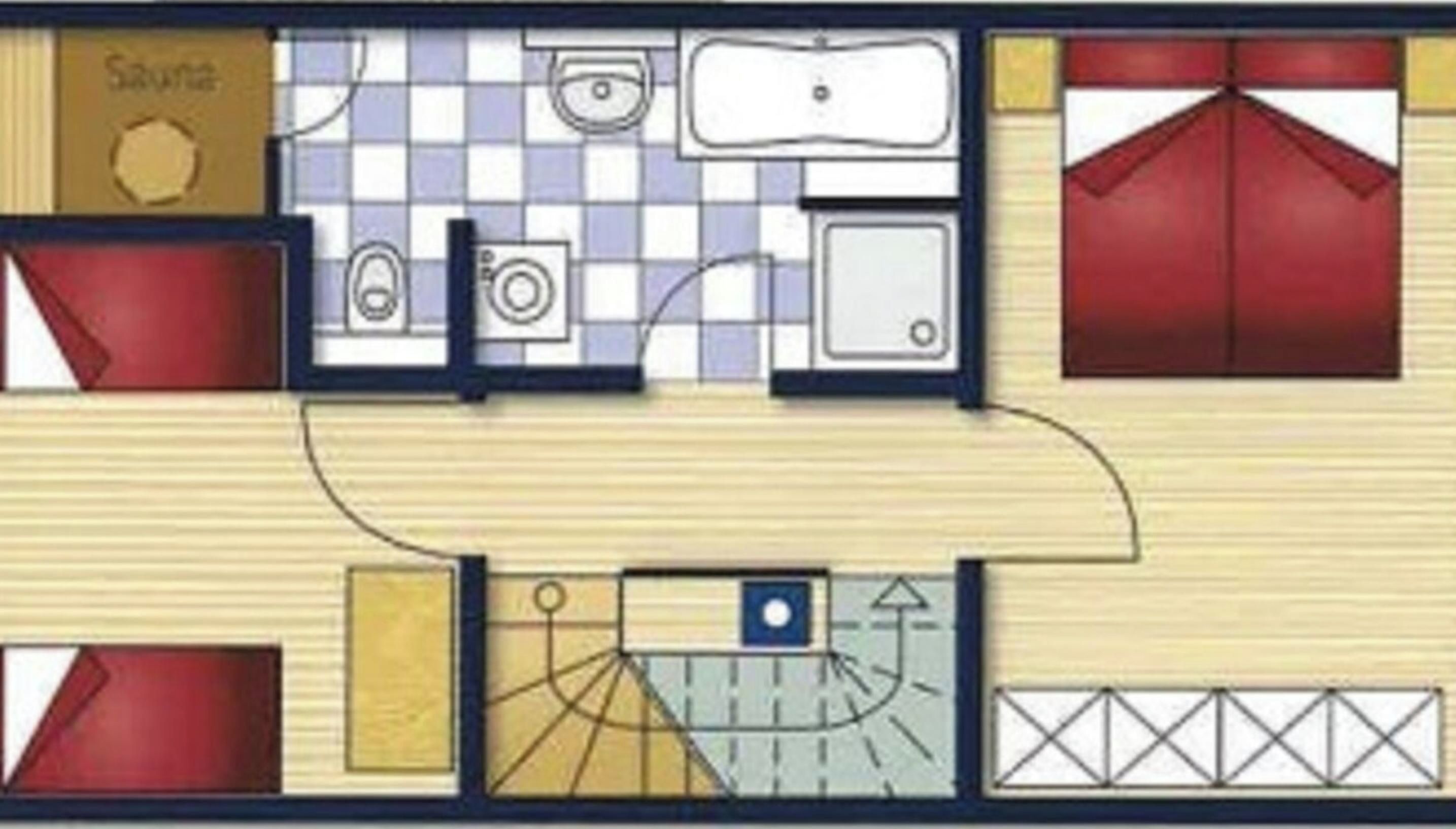 A hotel room layout with a bathroom, a kitchen, and a living area.