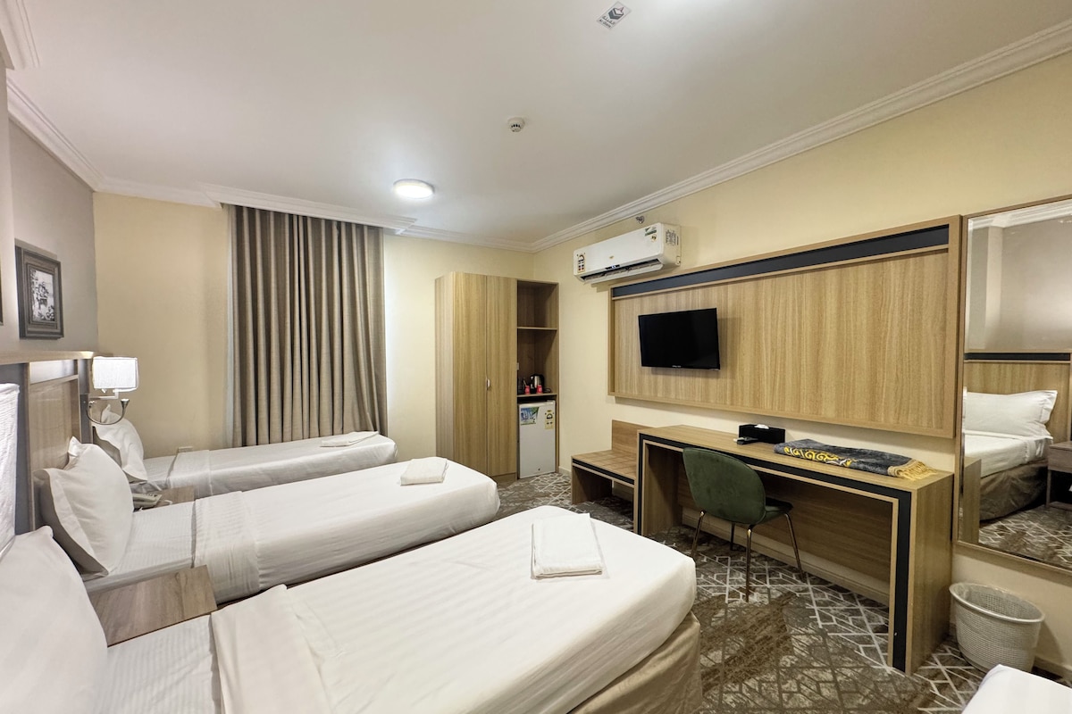 Habitació d'hotel amb dos llits individuals, un escriptori amb cadira, televisió i un armari.