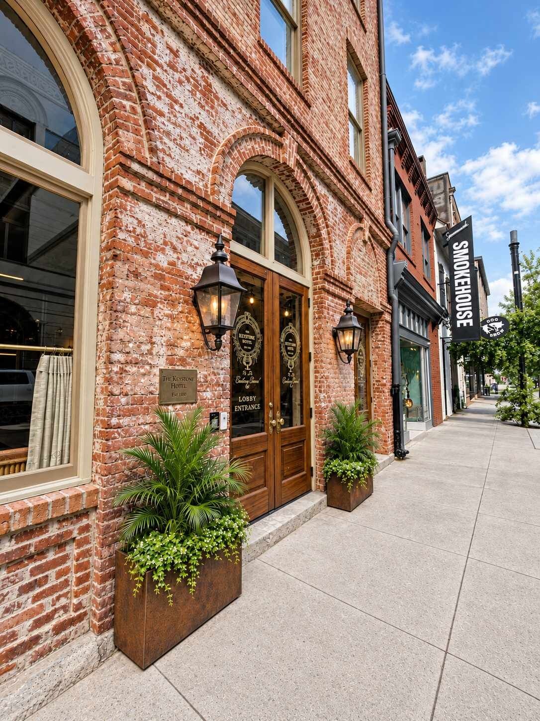 A brick building with a wooden entrance, two potted plants, and a sign for 'The Keystone Hotel'.