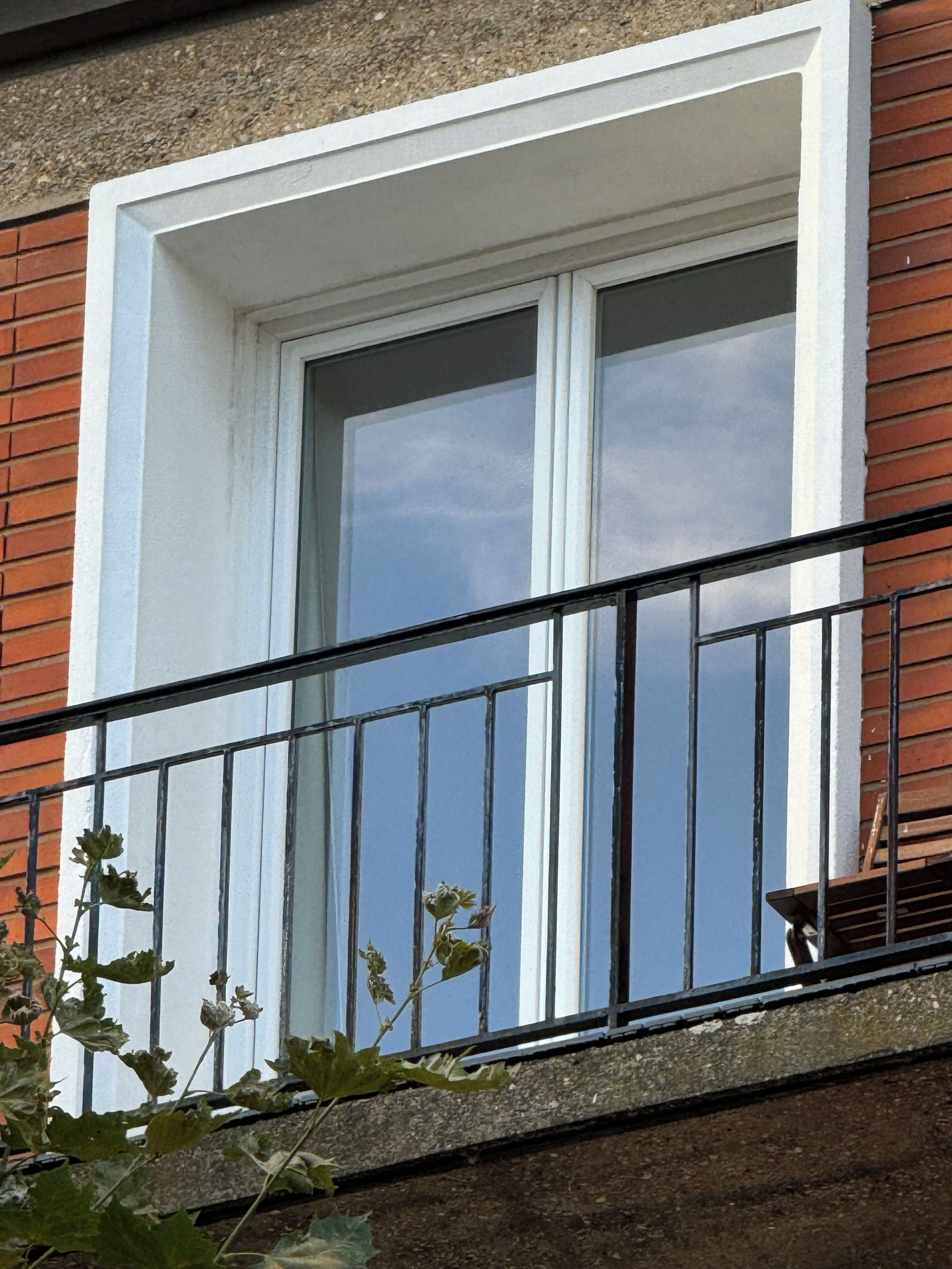 Una ventana con marco blanco y barandilla de metal negro.