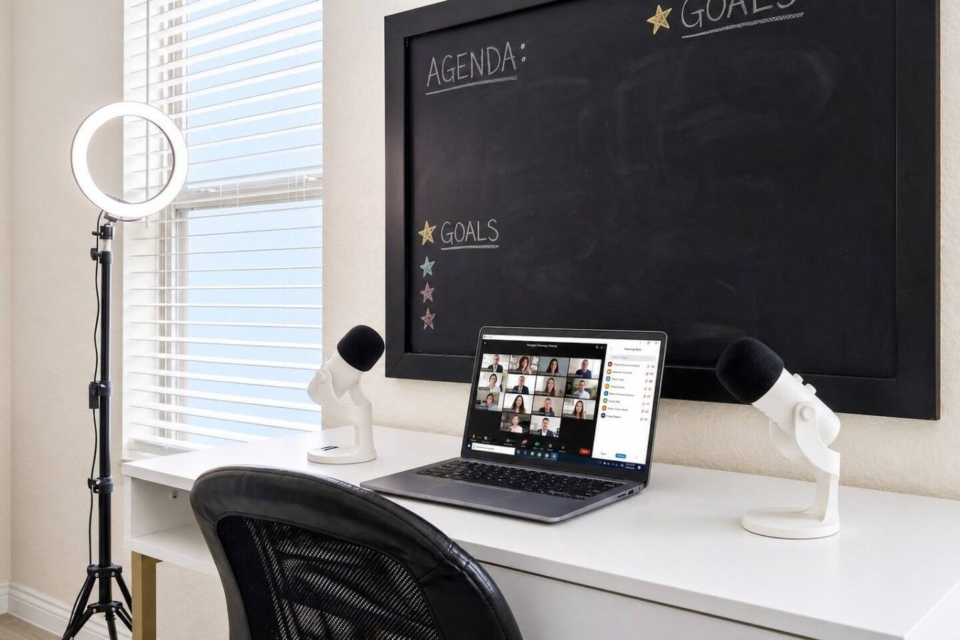 Ein Arbeitsplatz mit einem Laptop, der eine Videokonferenz zeigt, einer Tafel mit den Aufschriften 'Agenda' und 'Ziele' sowie einer Scheinwerferlampe auf einem Stativ.
