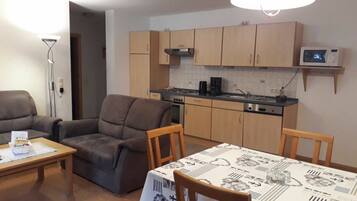 A compact living space with a kitchenette, a dining table, and two sofas.