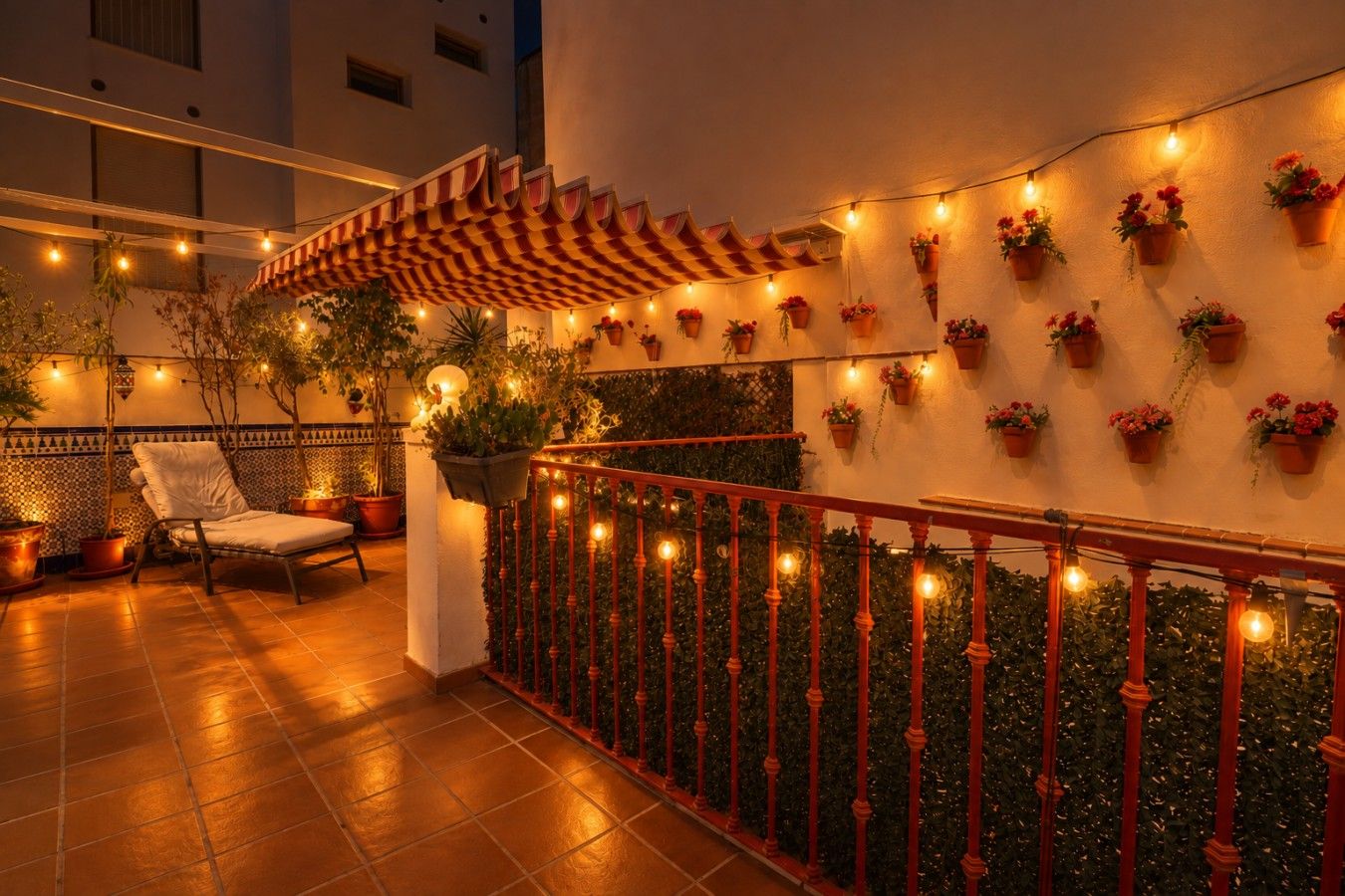 An outdoor patio area with a red railing, potted plants, and string lights.