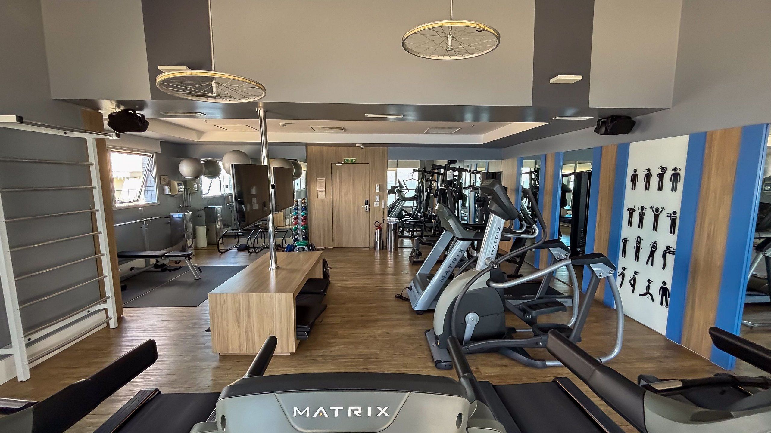 A modern gym with treadmills, weight machines, and a wooden bench area.