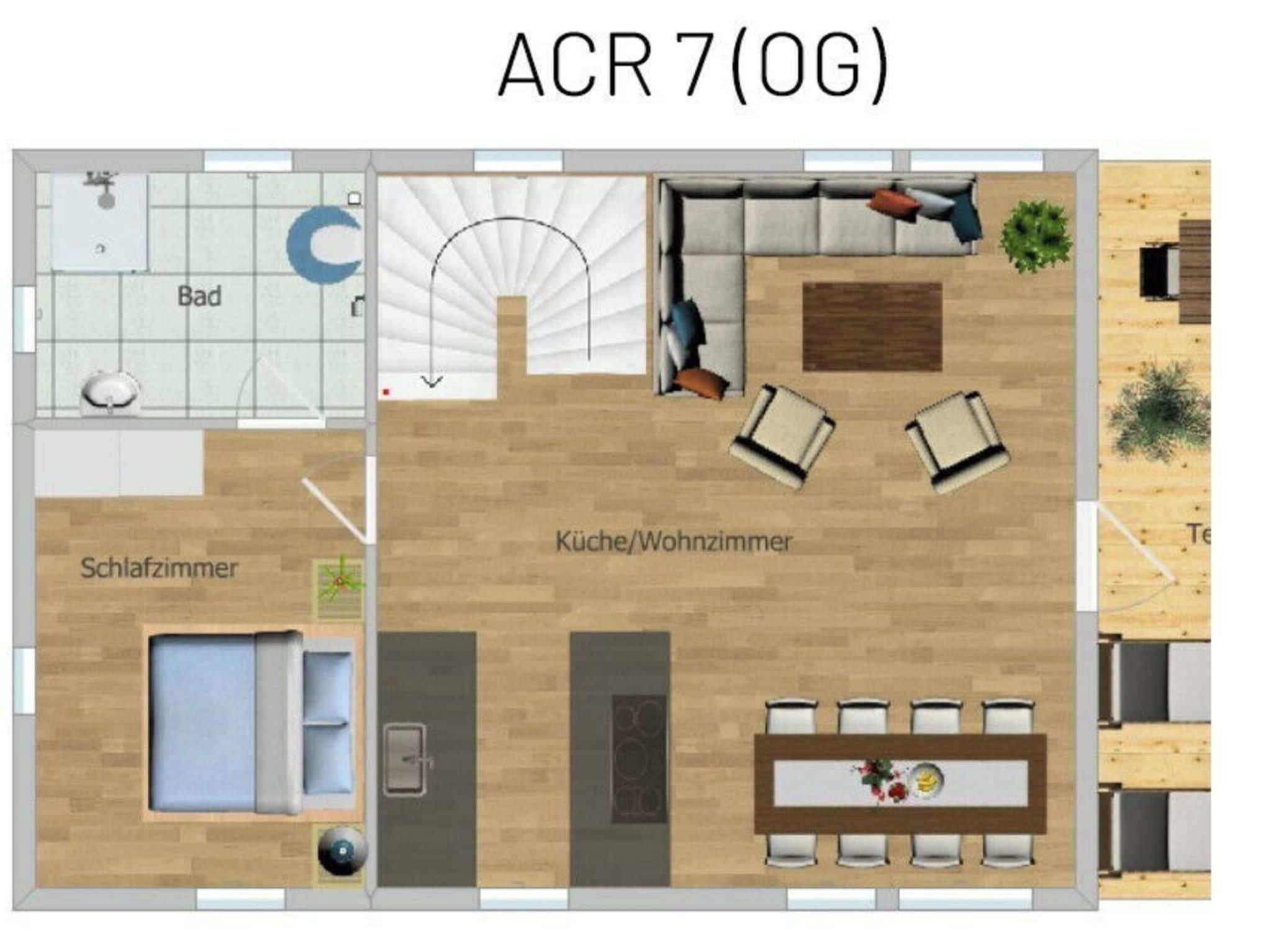 Un plan d’étage d’une chambre d’hôtel comprenant une salle de bain, une chambre, un espace de vie et une cuisine.