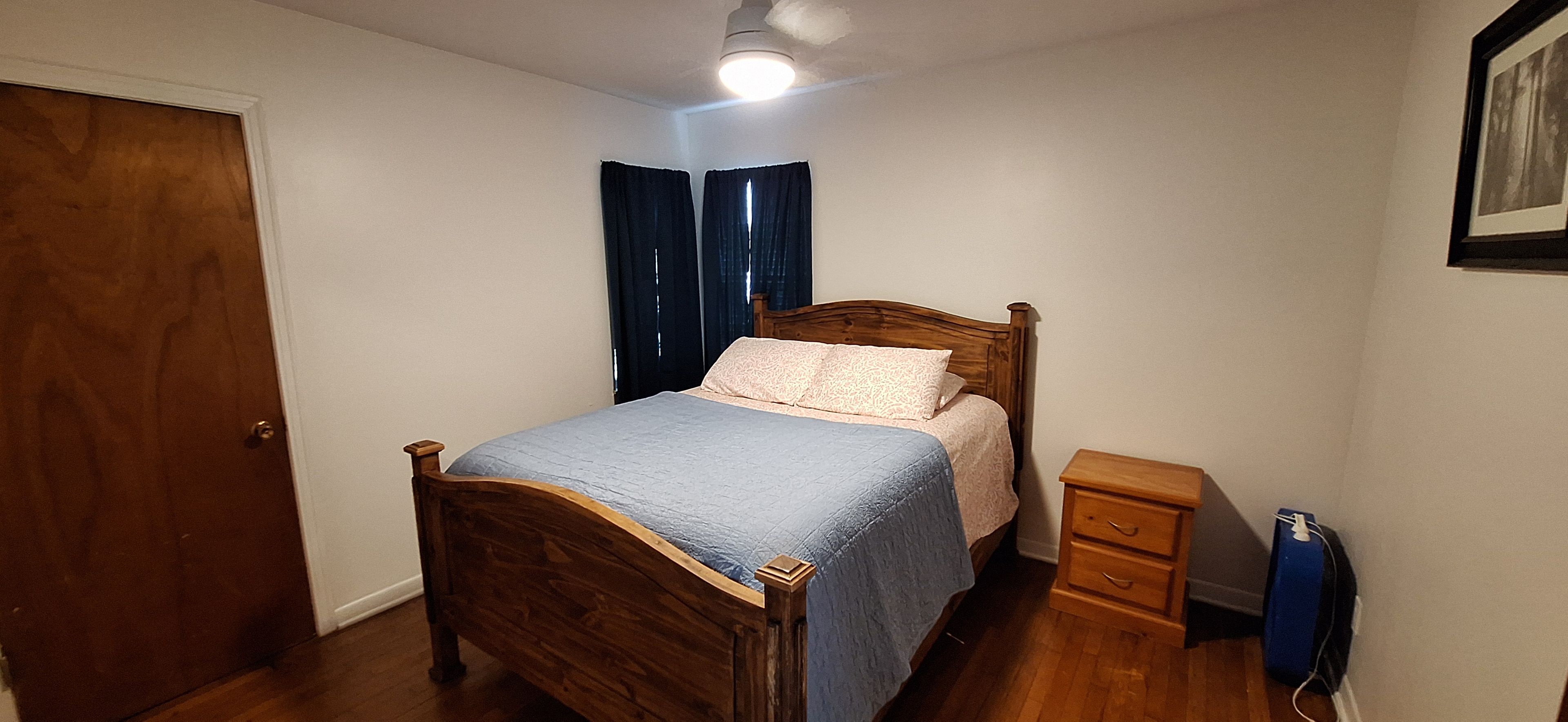 Une chambre à coucher avec un lit en bois, une table de chevet, une lampe de chevet, un luminaire au plafond et une porte.