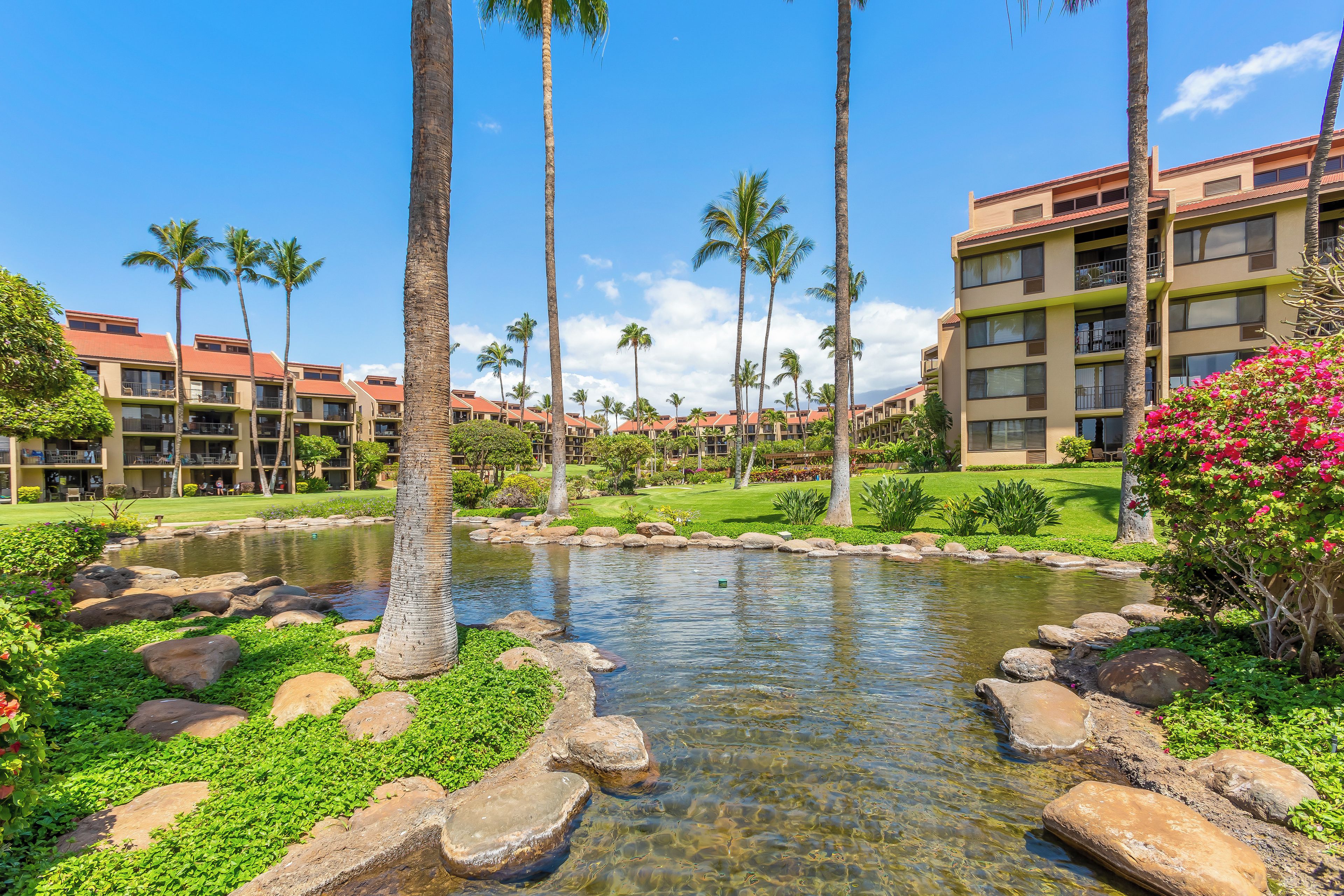A resort with a pool, palm trees, and a golf course.