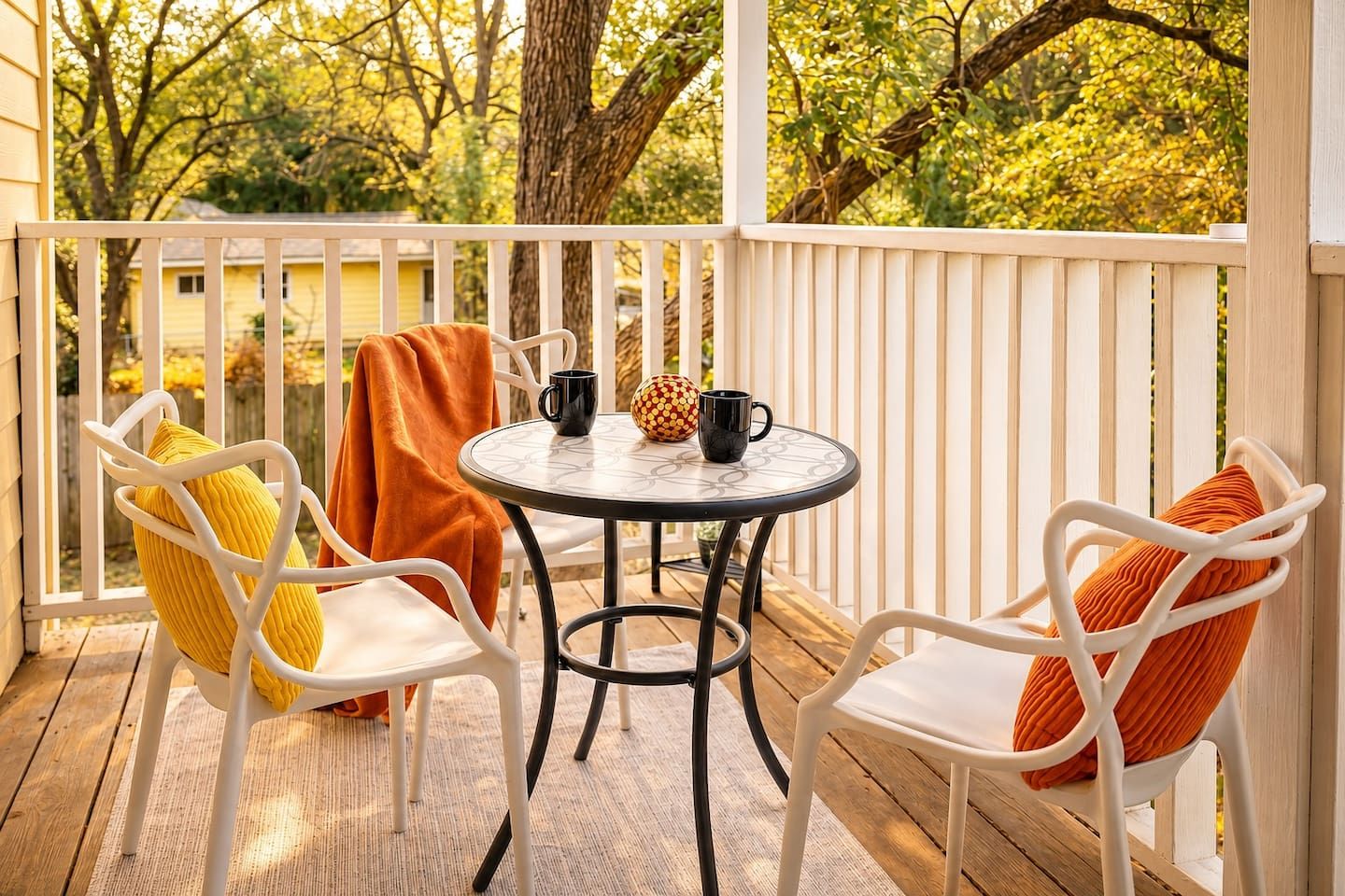 A covered outdoor seating area with a round table and white chairs, surrounded by a wooden deck and trees.