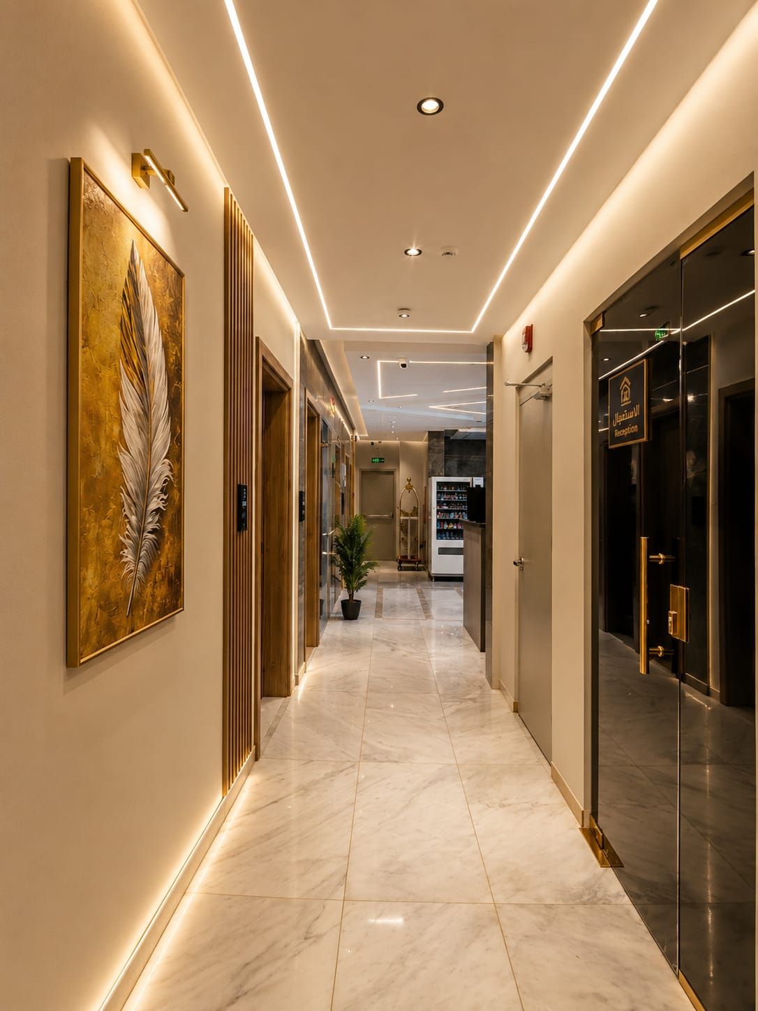 Un corridoio d'hotel con pavimento in marmo, una reception e un'ampia opera d'arte con piume a parete.
