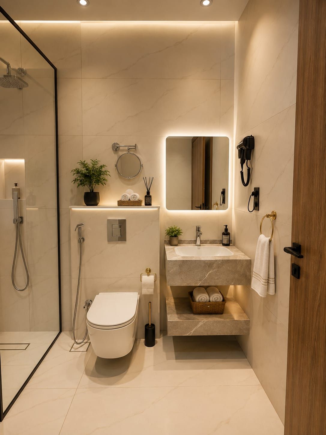 Un bagno moderno con doccia vetrata, un water, un lavandino con specchio e un porta asciugamani.