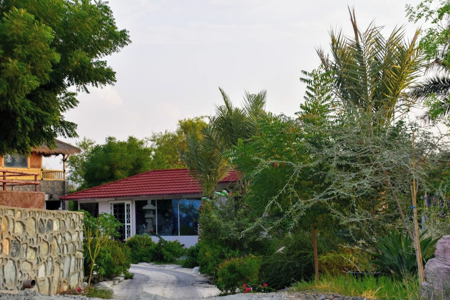 A house with a red roof, a stone wall, and a pathway leading to the entrance.