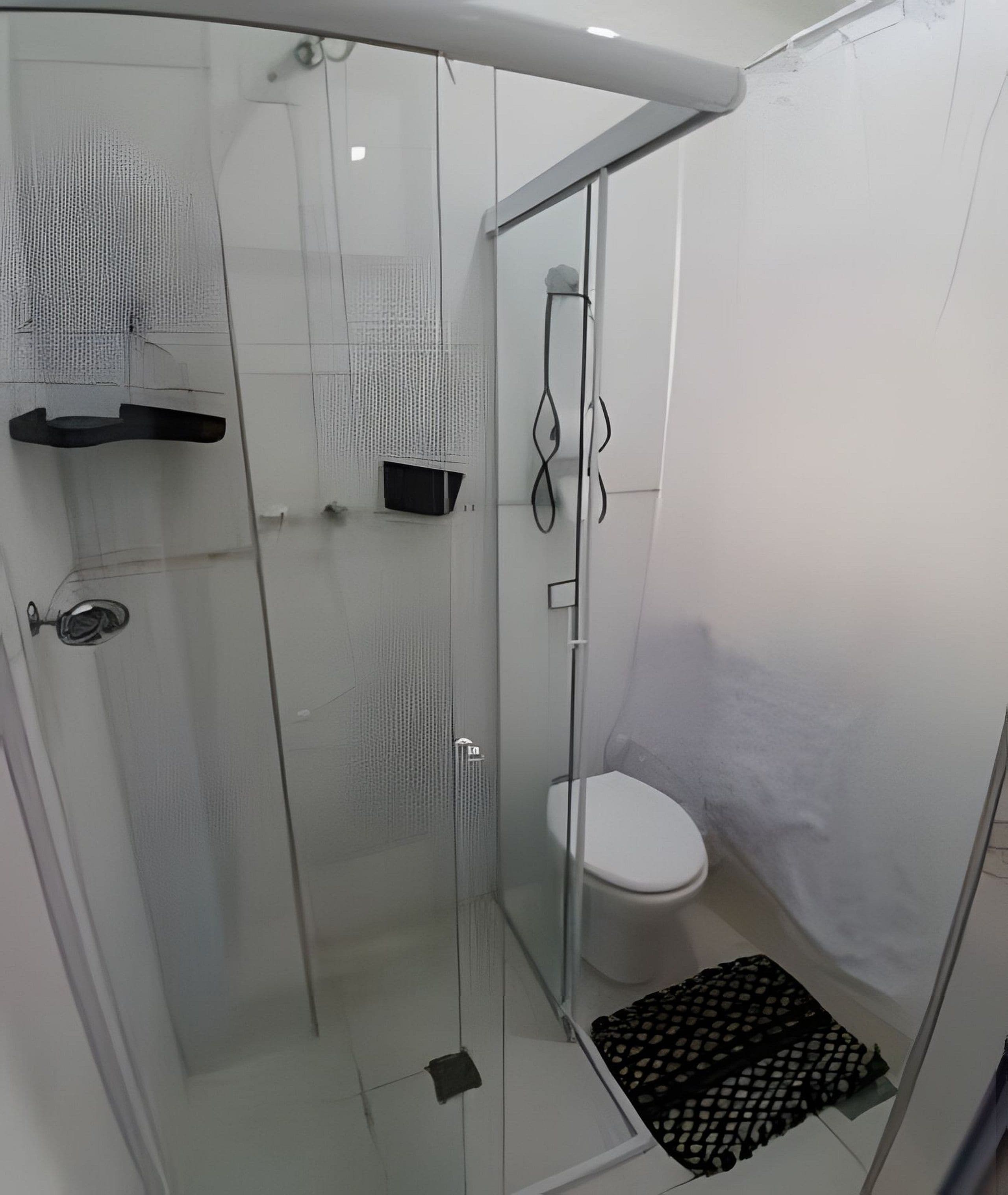 A modern bathroom with a glass shower enclosure, a toilet, and a small shelf.