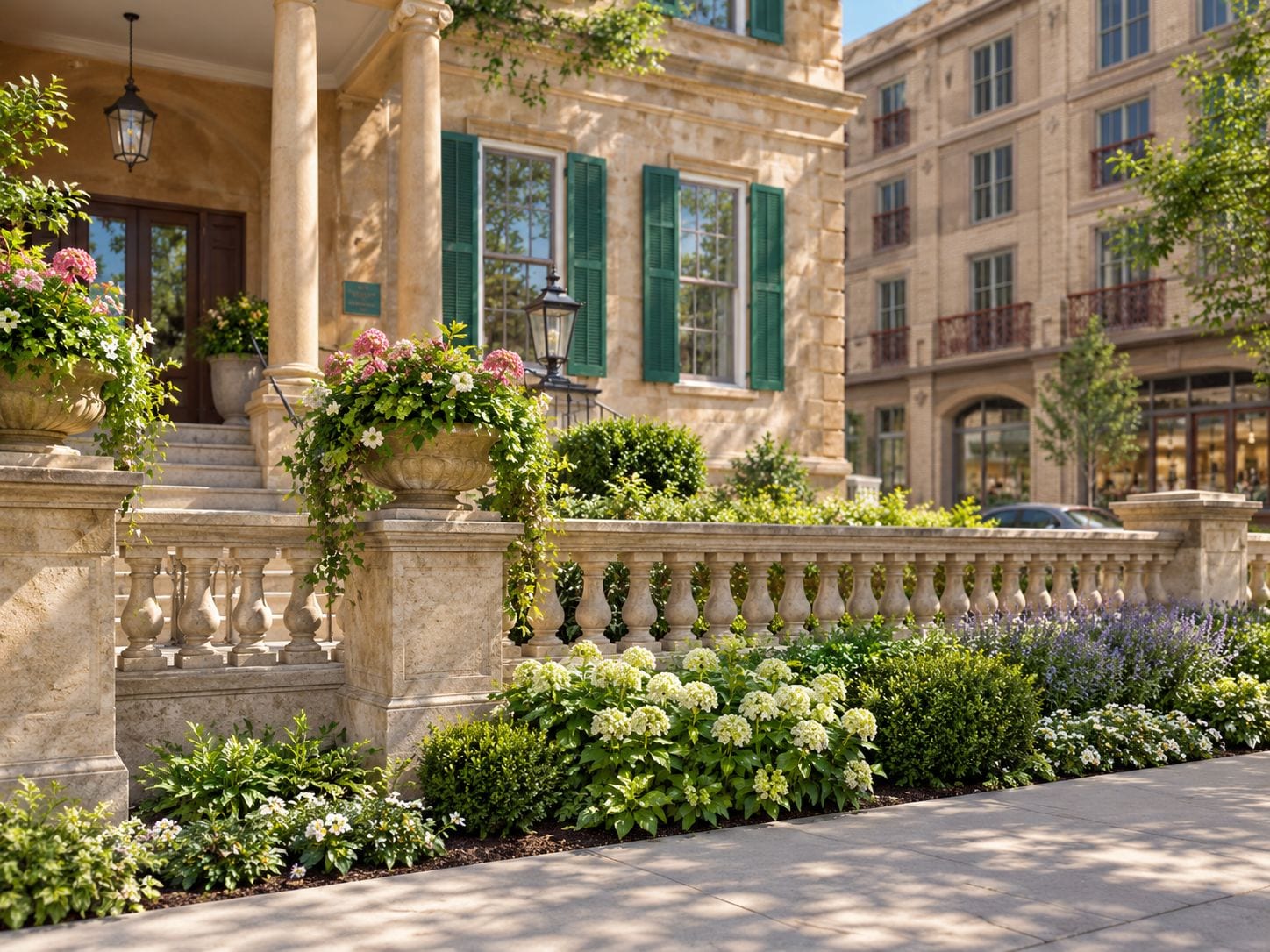 A stone building with a balcony, green shutters, and a flower bed with white flowers.