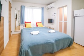 A hotel room with a bed, a TV, an air conditioning unit, and a door. - Triphome Tateishi Free WiFi Asakusa SkyTree (Katsushika City)