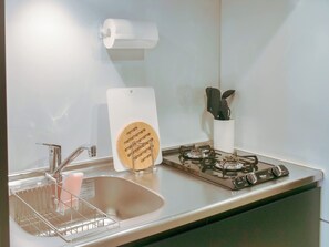 Una cocina con un lavamanos de acero inoxidable, un escurreplatos, una estufa a gas y un dispensador de toallas blanco.