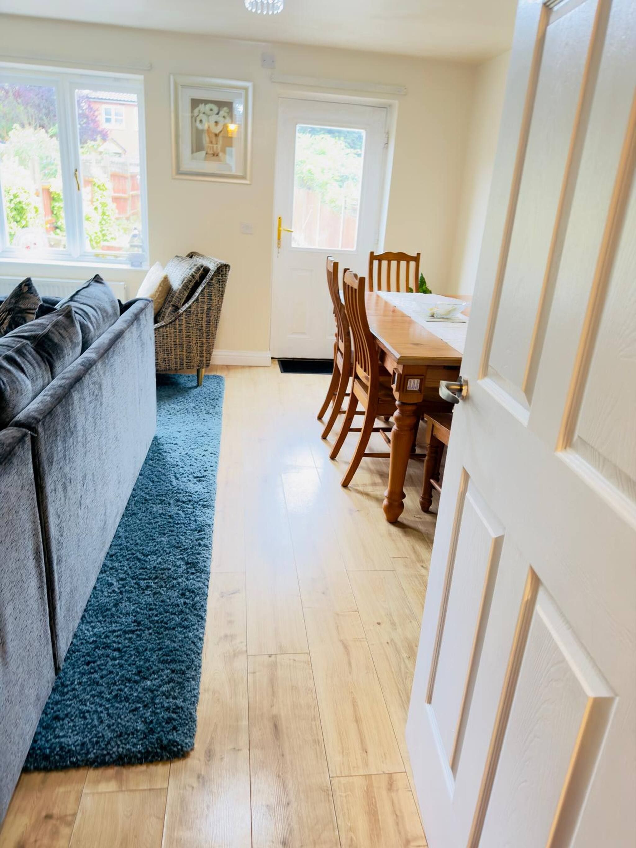 A room with a sofa, a dining table with chairs, a rug, and a door.