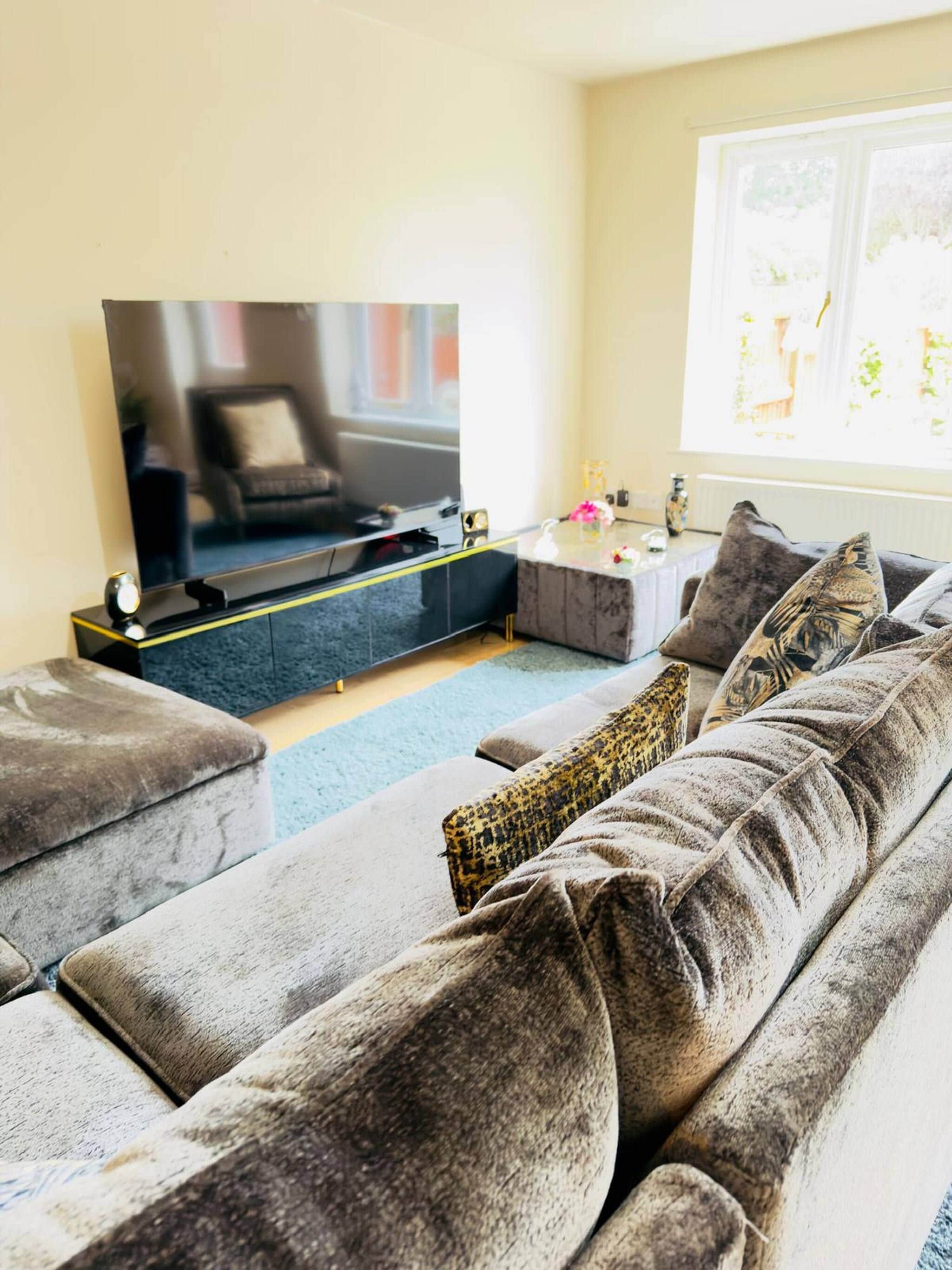A living room with a large flat-screen TV, a grey sofa, a coffee table, and a window with a view of greenery.