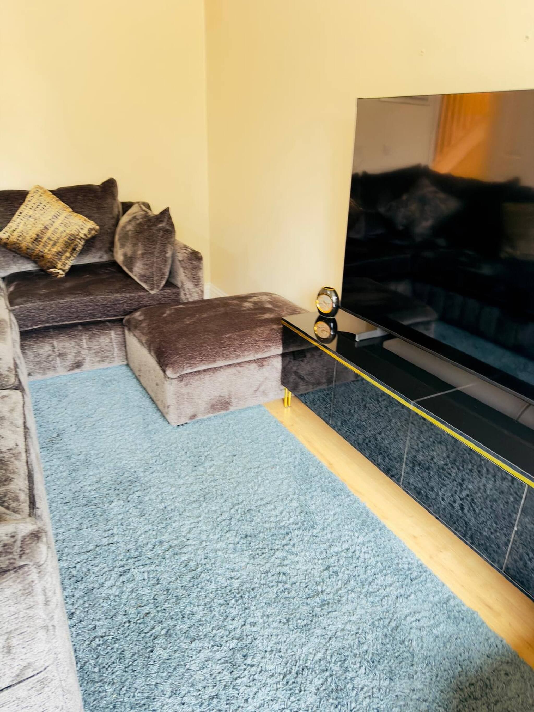 Una sala de estar con un sofá gris, una alfombra azul y un mueble negro para el televisor.