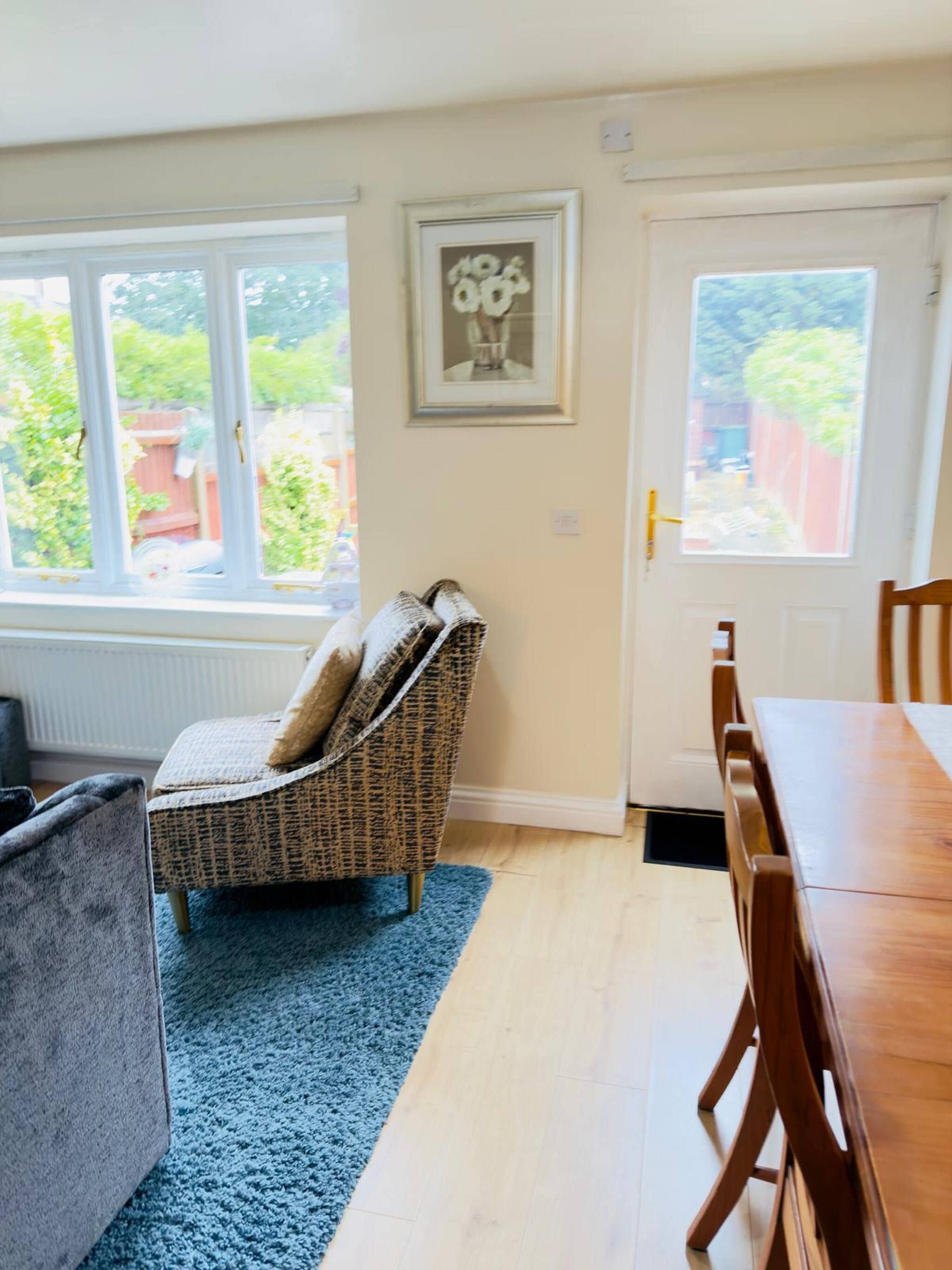 A room with a dining table, a chair, a blue rug, and a window with a view of greenery.