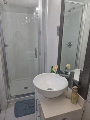 A bathroom with a glass shower enclosure, a white sink, and a mirror above it. - Serene 1-bedroom townhome in welcoming Surrey neighborhood (Surrey)