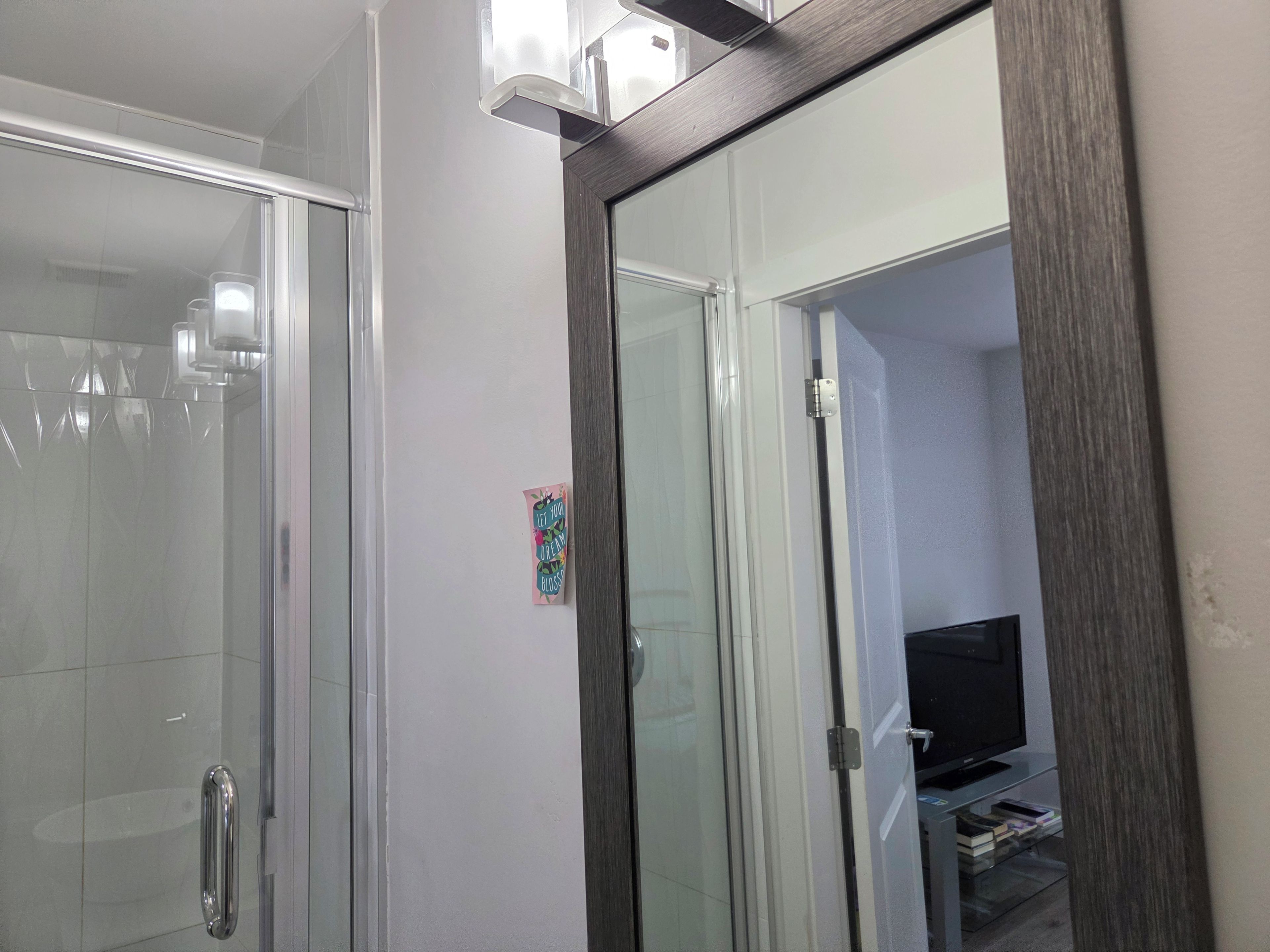 A bathroom with a glass shower enclosure and a door leading to a room with a television.
