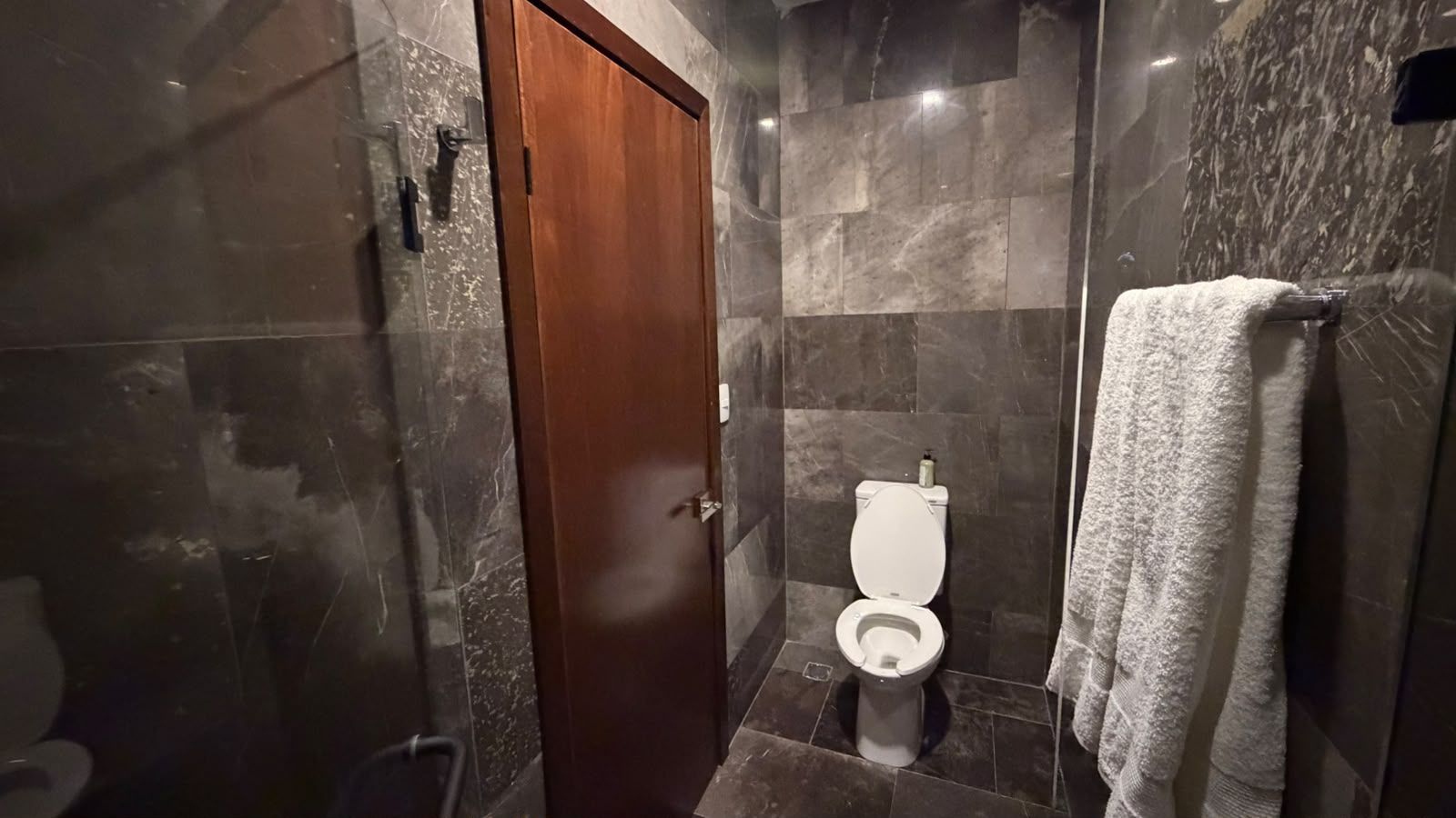 A bathroom with a toilet, a shower area, and a towel rack.
