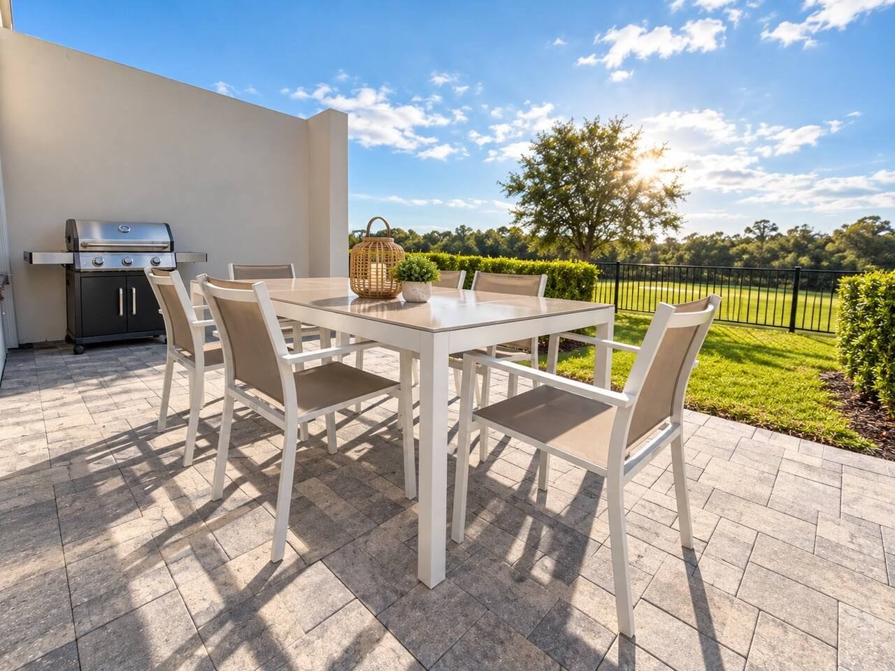 An outdoor patio with a grill, a table with chairs, and a view of a landscaped garden.