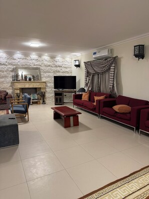 A living room with a fireplace, a television, a sofa, and a coffee table.