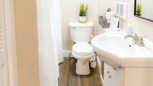 A compact bathroom with a toilet, sink, and a shower curtain. - UrbanCottage | 1mi Mayo Clinic, No Stairs, Dogs OK (Rochester)